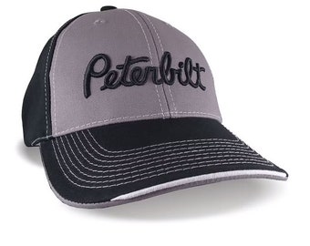 Peterbilt Truck 3D Puff Embroidery Design on Adjustable Grey and Black Structured Baseball Cap Options to Personalize This Hat for a Trucker