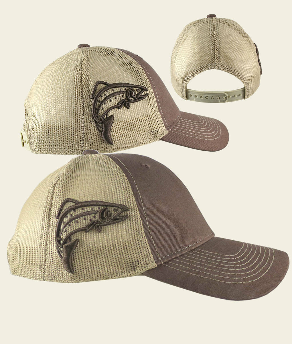 Custom Personalized Trout 3D Puff Raised Embroidery On An Adjustable Full Fit Brown Trucker Cap and Your Choice of Front Decors Fishing Hat