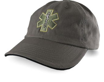 Paramedic Star of Life Embroidery on an Adjustable Drab Green and Black Unstructured Classic Dad Hat Cap with Personalization Options