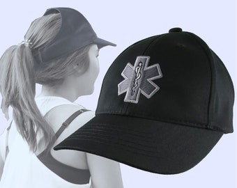 Silver Paramedic Star of Life Embroidery Design on an Adjustable Structured Black Ponytail Hairdo Women Open Fashion Baseball Cap