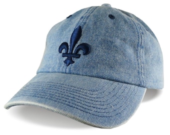 Quebec Style Fleur de Lis 3D Puff Navy Blue Raised Embroidery on an Adjustable Blue Denim Unstructured Dad Hat Style Baseball Cap Options