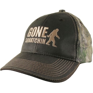 Gone Squatchin Humorous Sasquatch Bigfoot Silhouette Embroidery on a an Adjustable Brown on Realtree Style Camouflage Style Baseball Cap