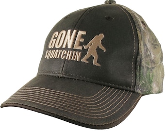 Gone Squatchin Humorous Sasquatch Bigfoot Silhouette Embroidery on a an Adjustable Brown on Realtree Style Camouflage Style Baseball Cap