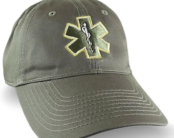 Paramedic EMT EMS Star of Life Embroidery on Adjustable Olive Green Unstructured Baseball Cap with Options to Personalize