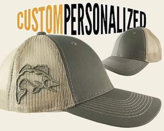 Custom Personalized Walleye 3D Puff Embroidery on an Adjustable Full Fit Olive Green Trucker Cap and Your Choice of Front Decors Fishing Hat