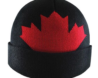 Black Jacquard Acrylic Toque with Large Red Knitted Canadian Maple Leaf and Cuff with Options to Personalize.