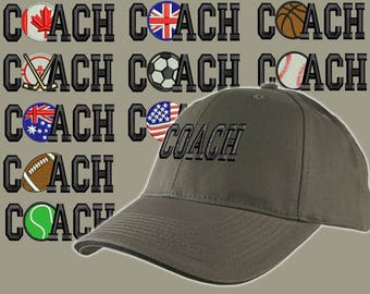 Custom Personalized Coach Embroidery on an Adjustable Structured Khaki Green Baseball Cap Front Decor Selection + Options for Side and Back