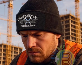 Personalized Construction Crew Custom Embroidery on 100% Acrylic Beanie Large Cuff Toque in Navy or Black with Options to Personalize.