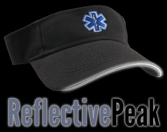 Paramedic Blue Star of Life Caduceus EMT EMS Embroidery on an Adjustable 3M Scotchlite Reflective Peak Black Brushed Cotton Visor Summer Hat