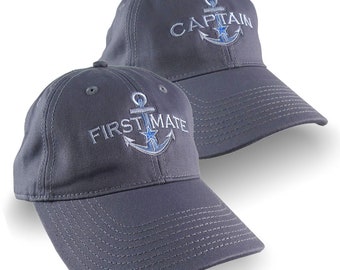 2 hats Nautical Star Anchor Captain and First Mate Embroidery Adjustable Charcoal Unstructured Baseball Caps Options Personalize Both Hats