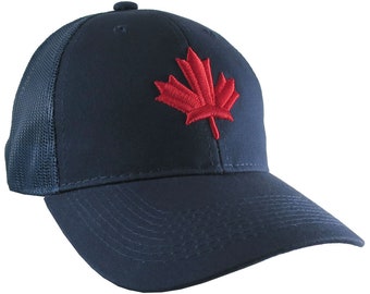 Red Canadian Maple Leaf 3D Puff Raised Embroidery on an Adjustable Navy Blue Full Fit Classic Trucker Soft Mesh Cap