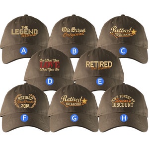 Custom Retirement Embroidery Design Brown Unstructured Classic Adjustable Baseball Cap Selection of 8 Designs Some Personalized + Options