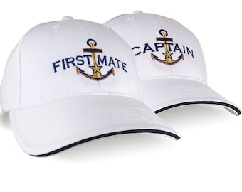 Nautical Star Golden Anchor Captain and First Mate Embroidery 2 Adjustable White Structured Baseball Caps Options to Personalize Both Hats