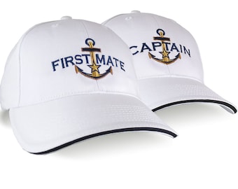 Nautical Star Golden Anchor Captain First Mate Embroidery 2 Adjustable White Soft Structured Baseball Caps Options to Personalize Both Hats