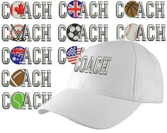 Custom Personalized Coach Embroidery on an Adjustable Structured White Baseball Cap Front Decor Selection with Options for Side and Back