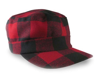 Blank, Custom, or Personalized Embroidery on a Red Buffalo Check Plaid Unstructured Fashion Military Cadet Cap Full Fit Lumberjack Style