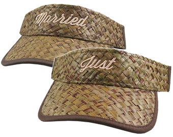 Just Married 3D Puff Raised Embroidery on a Pair of Adjustable Stylish Fashion Olive Green Straw Wedding Visors Summer Hats