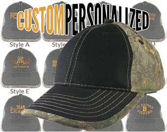 Custom Personalized Text Logo Embroidery on an Adjustable Black and Realtree Camo Baseball Cap Your Choice of 16 Front Decors Hunt Fish
