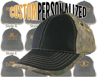 Custom Personalized Safety Orange Embroidery on an Adjustable Black and Realtree Camo Baseball Cap Your Choice of 16 Front Decors Hunt Fish