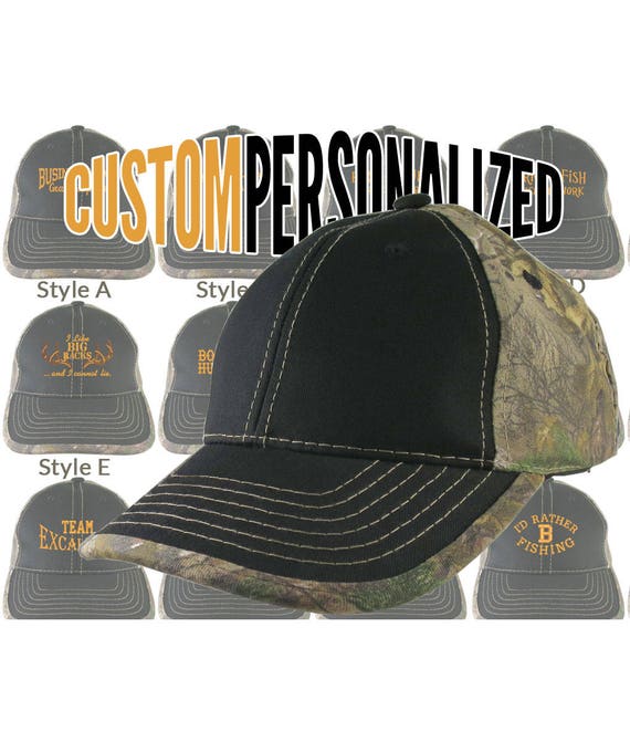 Custom Personalized Safety Orange Embroidery on an Adjustable Black and Realtree  Camo Baseball Cap Your Choice of 16 Front Decors Hunt Fish 