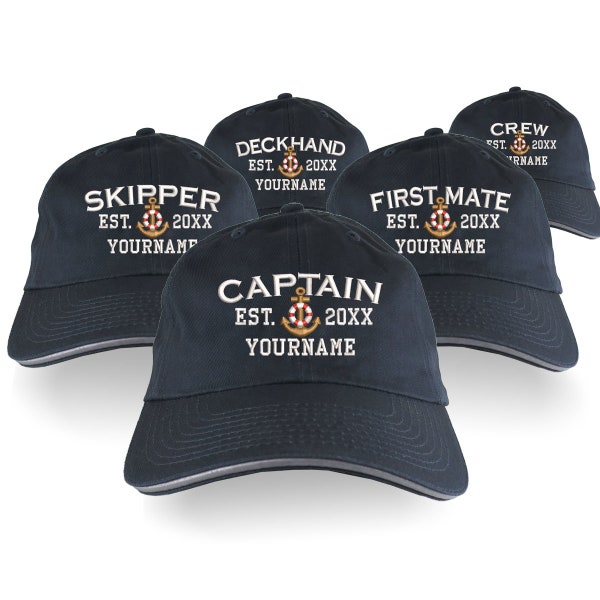 Custom Personalized Captain First Mate Skipper Deckhand Crew Embroidery Adjustable Unstructured Navy Blue Baseball Cap Dad Hat Style Option