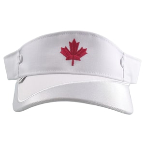 May include: White visor featuring a red embroidered maple leaf emblem. The visor has a curved peak and an adjustable strap. This sporty accessory is designed to shield the eyes from the sun.