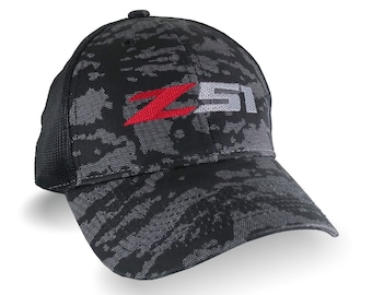 Automotive Z51 Corvette Embroidery on Adjustable Structured Trucker Mesh Cap in Black Urban Camo