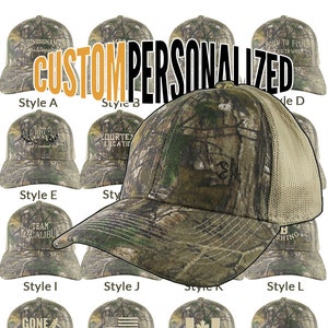 May include: Ten different styles of camouflage baseball caps with various embroidered designs. The caps are all made of a brown and green camouflage fabric with a mesh back.