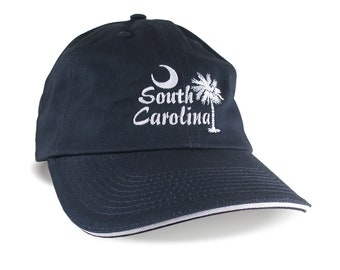 South Carolina Embroidery on an Adjustable Navy Blue Unstructured Baseball Cap with Options to Personalize 2 Locations