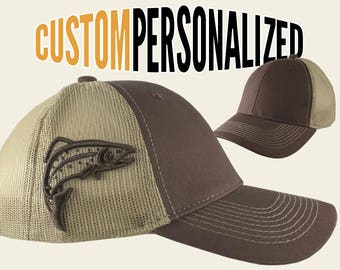 Custom Personalized Trout 3D Puff Raised Embroidery on an Adjustable Full Fit Brown Trucker Cap and Your Choice of Front Decors Fishing Hat