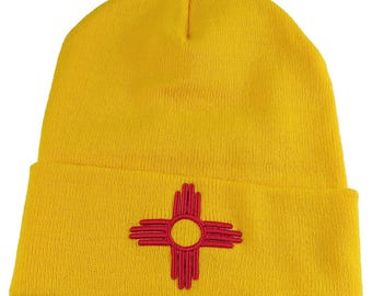 Large Red Zia 3D Puff New Mexico on 100% Acrylic Beanie Cuff Toque in Golden Yellow with Options to Personalize.