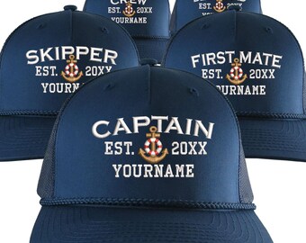 Custom Personalized Captain First Mate Skipper Deckhand Crew Embroidery on Adjustable Structured Navy Blue Rope Trucker Mesh Cap
