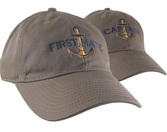Nautical Star Golden Anchor Captain + First Mate Embroidery 2 Adjustable Light Brown Unstructured Ball Caps Options Personalize Both Hats