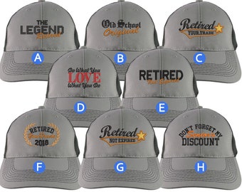 Custom Retirement Embroidery Design on a Grey on Black Full Fit Classic Adjustable Trucker Cap 8 Designs to Choose From Some Personalized