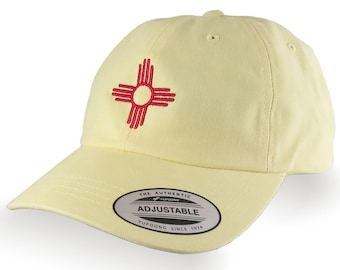New Mexico State Flag Zia Symbol Red Embroidery Design on an Adjustable Retro Yellow Unstructured Classic Baseball Cap Dad Hat