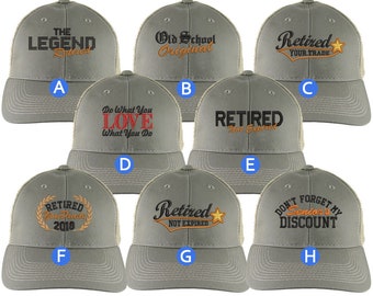 Custom Retirement Embroidery Design on Olive Green + Tan Full Fit Classic Adjustable Trucker Cap 8 Designs to Choose From Some Personalized