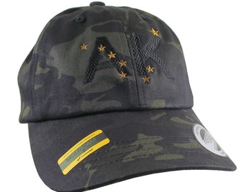 Alaska Flag AK Northern Stars Embroidery on Adjustable Black Multicam Unstructured Premium Yupoong Ball Cap + Options to Personalize