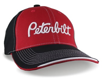 Peterbilt Truck 3D Puff Embroidery Design on Adjustable Red and Black Structured Baseball Cap Options to Personalize This Hat for a Trucker
