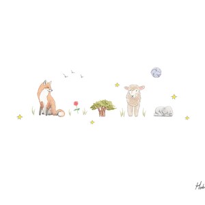 May include: Watercolor illustration of a red fox, a sheep, a sleeping lamb, a tree, a red flower, and yellow stars on a white background.