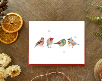 Christmas birds Greeting card, eco-friendly, Made in Montreal Quebec - Oiseaux de Noël, Carte de Noël, Fait au québec Canada - Hobeika Art