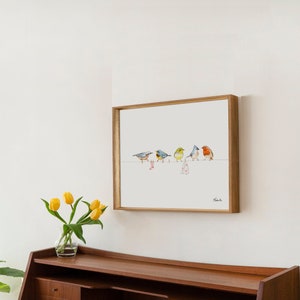 Birds on a clothesline Art print, watercolor poster Made in Quebec Canada - Oiseaux sur la corde à linge affiche aquarelle Fait au Québec