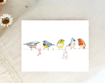 Birds on clothesline greeting card, Made in Montreal Quebec Canada - Oiseaux sur la corde à linge Carte de souhaits, Fait au Québec