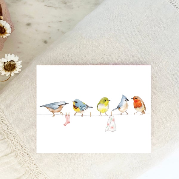 Birds on clothesline greeting card, Made in Montreal Quebec Canada - Oiseaux sur la corde à linge Carte de souhaits, Fait au Québec