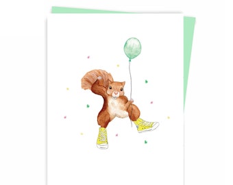 Happy birthday Squirrel Greeting card, Made in quebec Canada ecofriendly - Carte Bonne fête écureuil, anniversaire enfant, fait au Québec