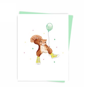Happy birthday Squirrel Greeting card, Made in quebec Canada ecofriendly - Carte Bonne fête écureuil, anniversaire enfant, fait au Québec