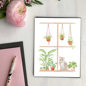 Cat by the window greeting card, made in Quebec Canada, eco-friendly - Carte de souhaits, Chat à la fenêtre, Fait au Québec, Hobeika Art