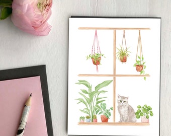 Cat by the window greeting card, made in Quebec Canada, eco-friendly - Carte de souhaits, Chat à la fenêtre, Fait au Québec, Hobeika Art