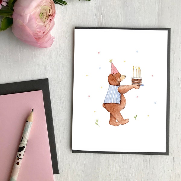 Birthday bear Greeting card, Made in quebec Canada - Carte Ours Bonne fête enfant, carte anniversaire enfant, fait au Québec, Hobeika Art