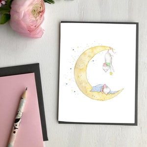 On the moon card, newborn baby boy baby girl, baby shower - Dans la lune Carte de souhaits bébé, enfants naissance, Fait au Québec Hobeika