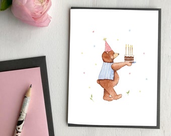 Birthday bear Greeting card, Made in quebec Canada - Carte Ours Bonne fête enfant, carte anniversaire enfant, fait au Québec, Hobeika Art